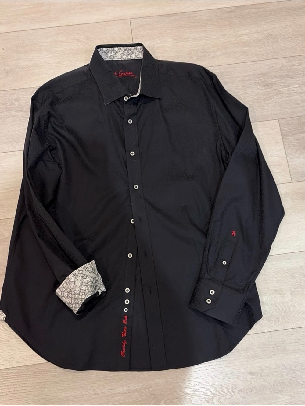 Robert Graham Black Dress Shirt with White Patterned Cuff and Red Stitching